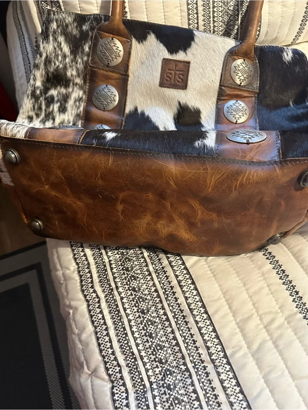 STS Ranchwear Black & White Cowhide Tote with Brown Leather Trim
